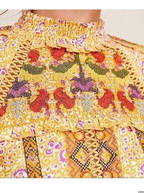 Maeve Yellow Multi Embroidered Smocked Yoke Blouse